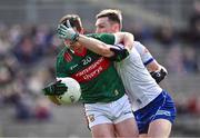 24 March 2024; Stephen Coen of Mayo has his vision blocked by Killian Lavelle of Monaghan during the Allianz Football League Division 1 match between Monaghan and Mayo at St Tiernach's Park in Clones, Monaghan. Photo by Ben McShane/Sportsfile