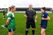 24 March 2024; Referee Ciaran Groome performs the coin toss with captains Shannan McQuade of Fermanagh and Ruth Bermingham of Carlow before the Lidl LGFA National League Division 4 semi-final match between Fermanagh and Carlow at Dowdallshill GAA Club in Dundalk, Louth. Photo by Tyler Miller/Sportsfile