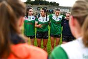 24 March 2024; Joanne Doonan of Fermanagh, 9, talks to team-mates in a huddle before the Lidl LGFA National League Division 4 semi-final match between Fermanagh and Carlow at Dowdallshill GAA Club in Dundalk, Louth. Photo by Tyler Miller/Sportsfile