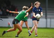 24 March 2024; Rachel Sawyer of Carlow in action against Ciara Clarke of Fermanagh during the Lidl LGFA National League Division 4 semi-final match between Fermanagh and Carlow at Dowdallshill GAA Club in Dundalk, Louth. Photo by Tyler Miller/Sportsfile