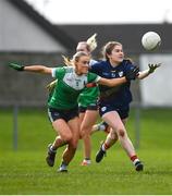 24 March 2024; Rachel Sawyer of Carlow in action against Shannan McQuade of Fermanagh during the Lidl LGFA National League Division 4 semi-final match between Fermanagh and Carlow at Dowdallshill GAA Club in Dundalk, Louth. Photo by Tyler Miller/Sportsfile