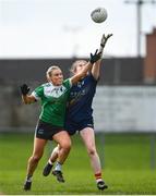 24 March 2024; Rachel Sawyer of Carlow in action against Shannan McQuade of Fermanagh during the Lidl LGFA National League Division 4 semi-final match between Fermanagh and Carlow at Dowdallshill GAA Club in Dundalk, Louth. Photo by Tyler Miller/Sportsfile