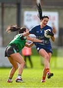 24 March 2024; Edel Hayden of Carlow in action against Danielle Maguire of Fermanagh during the Lidl LGFA National League Division 4 semi-final match between Fermanagh and Carlow at Dowdallshill GAA Club in Dundalk, Louth. Photo by Tyler Miller/Sportsfile