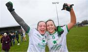 24 March 2024; Limerick players Cathy Mee, left, and Ellie Woulfe celebrate after their side's victory in the Lidl LGFA National League Division 4 semi-final match between Leitrim and Limerick at Pádraig Pearses GAA Club in Roscommon. Photo by Seb Daly/Sportsfile