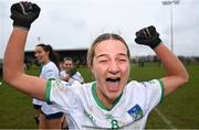 24 March 2024; Róisín Ambrose of Limerick celebrates after her side's victory in the Lidl LGFA National League Division 4 semi-final match between Leitrim and Limerick at Pádraig Pearses GAA Club in Roscommon. Photo by Seb Daly/Sportsfile