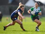 24 March 2024; Lisa Maguire of Fermanagh in action against Cliodhna Ni She of Carlow during the Lidl LGFA National League Division 4 semi-final match between Fermanagh and Carlow at Dowdallshill GAA Club in Dundalk, Louth. Photo by Tyler Miller/Sportsfile