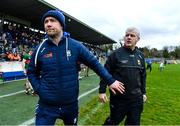 24 March 2024; Mayo manager Kevin McStay, right, and Monaghan manager Vinnie Corey disagree after the Allianz Football League Division 1 match between Monaghan and Mayo at St Tiernach's Park in Clones, Monaghan. Photo by Ben McShane/Sportsfile