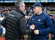 24 March 2024; The joint Tyrone manager Brian Dooher and Dublin manager Dessie Farrell shake hands after the Allianz Football League Division 1 match between Dublin and Tyrone at Croke Park in Dublin. Photo by Ray McManus/Sportsfile