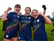 24 March 2024; Carlow players, from left, Sarah Reilly, Maeve O'Neill, and Ella Molloy celebrate after the Lidl LGFA National League Division 4 semi-final match between Fermanagh and Carlow at Dowdallshill GAA Club in Dundalk, Louth. Photo by Tyler Miller/Sportsfile