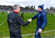 24 March 2024; Mayo manager Kevin McStay, left, and Monaghan manager Vinnie Corey after the Allianz Football League Division 1 match between Monaghan and Mayo at St Tiernach's Park in Clones, Monaghan. Photo by Ben McShane/Sportsfile