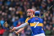 24 March 2024; Peter Duggan of Clare in action against Conor Bowe of Tipperary during the Allianz Hurling League Division 1 semi-final match between Clare and Tipperary at Laois Hire O'Moore Park in Portlaoise, Laois. Photo by Piaras Ó Mídheach/Sportsfile