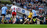 24 March 2024; Tyrone goalkeeper Niall Morgan scores a point during the Allianz Football League Division 1 match between Dublin and Tyrone at Croke Park in Dublin. Photo by Shauna Clinton/Sportsfile