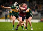 24 March 2024; Nicola Ward of Galway is tackled by Niamh Carmody and Danielle O’Leary of Kerry during the Lidl LGFA National League Division 1 Round 7 match between Kerry and Galway at Fitzgerald Stadium in Killarney, Kerry. Photo by Brendan Moran/Sportsfile