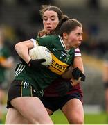 24 March 2024; Eilís Lynch of Kerry in action against Róisín Leonard of Galway during the Lidl LGFA National League Division 1 Round 7 match between Kerry and Galway at Fitzgerald Stadium in Killarney, Kerry. Photo by Brendan Moran/Sportsfile
