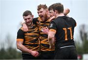 24 March 2024; Ashbourne players celebrate after the Bank of Ireland Provincial Towns Cup Third Round match between Cill Dara RFC and Ashbourne RFC at Cill Dara RFC in Kildare. Photo by David Fitzgerald/Sportsfile