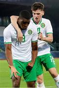 22 March 2024; Sinclair Armstrong of Republic of Ireland celebrates with team mate Adam Murphy after scoring his side's first goal during the UEFA European Under-21 Championship qualifier match between San Marino and Republic of Ireland at San Marino Stadium in Serravalle, San Marino. Photo by Roberto Bregani/Sportsfile