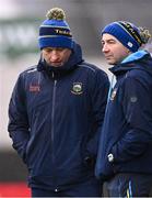 24 March 2024; Tipperary manager Liam Cahill with Tipperary selector Mikey Bevans, right, during the Allianz Hurling League Division 1 semi-final match between Clare and Tipperary at Laois Hire O'Moore Park in Portlaoise, Laois. Photo by Piaras Ó Mídheach/Sportsfile