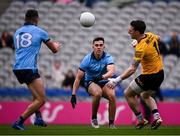 24 March 2024; Lorcan O'Dell of Dublin passes the ball past Tyrone goalkeeper Niall Morgan to his team mate Colm Basquel, 18, who went on to score a goal during the Allianz Football League Division 1 match between Dublin and Tyrone at Croke Park in Dublin. Photo by Ray McManus/Sportsfile