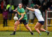 24 March 2024; Michelle Guckian of Leitrim in action against Yvonne Lee of Limerick during the Lidl LGFA National League Division 4 semi-final match between Leitrim and Limerick at Pádraig Pearses GAA Club in Roscommon. Photo by Seb Daly/Sportsfile