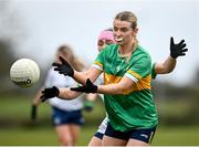 24 March 2024; Kasey Bruen of Leitrim in action against Karen O'Leary of Limerick during the Lidl LGFA National League Division 4 semi-final match between Leitrim and Limerick at Pádraig Pearses GAA Club in Roscommon. Photo by Seb Daly/Sportsfile