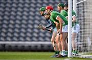 23 March 2024; Limerick goalkeeper Nickie Quaid, left, and his teammates guard the goal during the Allianz Hurling League Division 1 semi-final match between Limerick and Kilkenny at SuperValu Páirc Ui Chaoimh in Cork. Photo by Brendan Moran/Sportsfile