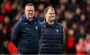 24 March 2024; Roscommon manager Davy Burke, right, and Roscommon selector Eddie Lohan before the Allianz Football League Division 1 match between Derry and Roscommon at Celtic Park in Derry. Photo by Ramsey Cardy/Sportsfile