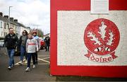 24 March 2024; Supporters make their way to the stadium before the Allianz Football League Division 1 match between Derry and Roscommon at Celtic Park in Derry. Photo by Ramsey Cardy/Sportsfile