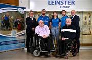 25 March 2024; Leinster Rugby and the IRFU Charitable Trust have today announced a formal partnership that sees the Trust become Leinster’s dedicated rugby charity partner. The Trust supports 36 seriously injured rugby players and their families in Ireland and the partnership will see Leinster Rugby support the Trust across a number of fundraising initiatives starting at the Leicester Tigers game at Aviva Stadium on Saturday, 6 April, where proceeds from the sale of the match programme will go towards the Trust. In attendance at the launch are, from left, IRFU Charitable Trust Chair Care Sub-Committee and Trustee Cliff Beirne, Former Skerries RFC player Bernard Healy, Leinster players Ronan Kelleher, Aoife Moore and Jordan Larmour, Former Wanderers FC player Garrett Culliton and IRFU Charitable Trust Chairperson Michael Whelan at Leinster Rugby HQ in Dublin. Further information can be found at www.irfucharitabletrust.com. Photo by Sam Barnes/Sportsfile