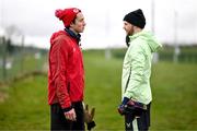 25 March 2024; Liverpool club mates and goalkeepers Marcelo Pitaluga, on loan at St Patrick's Athletic, and Republic of Ireland's Caoimhin Kelleher, right, before a Republic of Ireland training session at FAI National Training Centre in Abbotstown, Dublin. Photo by Stephen McCarthy/Sportsfile