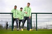 25 March 2024; Adam Idah, left, Mikey Johnston and Jake O'Brien, right, during a Republic of Ireland training session at FAI National Training Centre in Abbotstown, Dublin. Photo by Stephen McCarthy/Sportsfile