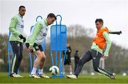 25 March 2024; Josh Cullen, right, with Seamus Coleman and Adam Idah, left, during a Republic of Ireland training session at FAI National Training Centre in Abbotstown, Dublin. Photo by Stephen McCarthy/Sportsfile
