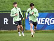 25 March 2024; Joe Hodge and Andy Moran, left, during a Republic of Ireland training session at FAI National Training Centre in Abbotstown, Dublin. Photo by Stephen McCarthy/Sportsfile