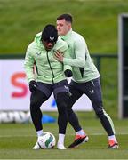 25 March 2024; Michael Obafemi and Jason Knight, right, during a Republic of Ireland training session at FAI National Training Centre in Abbotstown, Dublin. Photo by Stephen McCarthy/Sportsfile