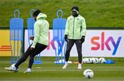 25 March 2024; Festy Ebosele, right, and Chiedozie Ogbene during a Republic of Ireland training session at FAI National Training Centre in Abbotstown, Dublin. Photo by Stephen McCarthy/Sportsfile