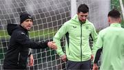 25 March 2024; Analyst Stephen Rice and Finn Azaz, right, during a Republic of Ireland training session at FAI National Training Centre in Abbotstown, Dublin. Photo by Stephen McCarthy/Sportsfile