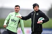 25 March 2024; Analyst Stephen Rice and Josh Cullen during a Republic of Ireland training session at FAI National Training Centre in Abbotstown, Dublin. Photo by Stephen McCarthy/Sportsfile