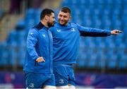 25 March 2024; Max Deegan and Ross Molony share a joke during Leinster rugby squad training at Energia Park in Dublin. Photo by Sam Barnes/Sportsfile