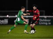 25 March 2024; Adam Wixte of Longford Town in action against Callum Thompson of Bray Wanderers during the SSE Airtricity Men's First Division match between Bray Wanderers and Longford Town at Carlisle Grounds in Bray, Wicklow. Photo by David Fitzgerald/Sportsfile