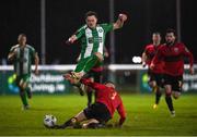 25 March 2024; Callum Thompson of Bray Wanderers is tackled by Kyle O'Connor of Longford Town during the SSE Airtricity Men's First Division match between Bray Wanderers and Longford Town at Carlisle Grounds in Bray, Wicklow. Photo by David Fitzgerald/Sportsfile