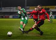 25 March 2024; Dean O’Shea of Longford Town in action against Harry Groome of Bray Wanderers during the SSE Airtricity Men's First Division match between Bray Wanderers and Longford Town at Carlisle Grounds in Bray, Wicklow. Photo by David Fitzgerald/Sportsfile