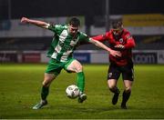 25 March 2024; Peter Grogan of Bray Wanderers in action against Kyle O'Connor of Longford Town during the SSE Airtricity Men's First Division match between Bray Wanderers and Longford Town at Carlisle Grounds in Bray, Wicklow. Photo by David Fitzgerald/Sportsfile
