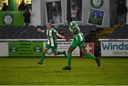 25 March 2024; Thomas Morgan of Bray Wanderers, left, celebrates after scoring his side's first goal during the SSE Airtricity Men's First Division match between Bray Wanderers and Longford Town at Carlisle Grounds in Bray, Wicklow. Photo by David Fitzgerald/Sportsfile