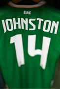 26 March 2024; The jersey of Mikey Johnston of Republic of Ireland hangs in the dressing room before the international friendly match between Republic of Ireland and Switzerland at the Aviva Stadium in Dublin. Photo by Stephen McCarthy/Sportsfile