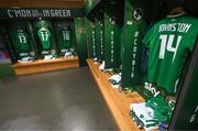 26 March 2024; The jerseys of Mikey Johnston of Republic of Ireland and teammates hang in the dressing room before the international friendly match between Republic of Ireland and Switzerland at the Aviva Stadium in Dublin. Photo by Stephen McCarthy/Sportsfile