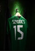 26 March 2024; The jersey of Sammie Szmodics of Republic of Ireland hangs in the dressing room before the international friendly match between Republic of Ireland and Switzerland at the Aviva Stadium in Dublin. Photo by Stephen McCarthy/Sportsfile