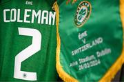 26 March 2024; The jersey of Republic of Ireland captain Seamus Coleman hangs in the dressing room before the international friendly match between Republic of Ireland and Switzerland at the Aviva Stadium in Dublin. Photo by Stephen McCarthy/Sportsfile