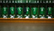 26 March 2024; Jerseys hang in the Republic of Ireland dressing room before the international friendly match between Republic of Ireland and Switzerland at the Aviva Stadium in Dublin. Photo by Stephen McCarthy/Sportsfile