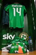 26 March 2024; The match kit of Mikey Johnston of Republic of Ireland hangs in the dressing room before the international friendly match between Republic of Ireland and Switzerland at the Aviva Stadium in Dublin. Photo by Stephen McCarthy/Sportsfile