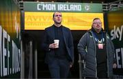 26 March 2024; Republic of Ireland interim head coach John O'Shea and analyst Martin Doyle, right, before the international friendly match between Republic of Ireland and Switzerland at the Aviva Stadium in Dublin. Photo by Stephen McCarthy/Sportsfile