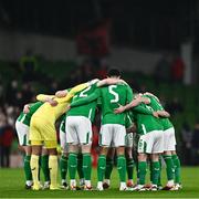 26 March 2024; The Republic of Ireland team huddle before the international friendly match between Republic of Ireland and Switzerland at the Aviva Stadium in Dublin. Photo by Ben McShane/Sportsfile